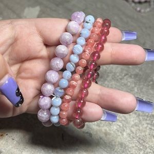 4pc crystal bracelet rhodonite, kunzite, strawberry quartz, blue lace agate